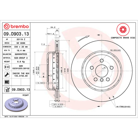 09.D903.13 Brembo Premium Vented Composite Brake Rotor Brembo Brake Canada