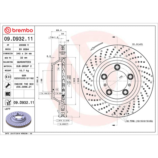 09.D932.11 Brembo Premium Coated Vented Brake Rotor Brembo Brake Canada