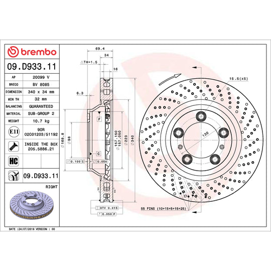 09.D933.11 Brembo Premium Coated Vented Brake Rotor Brembo Brake Canada