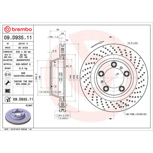 09.D935.11 Brembo Premium Coated Vented Brake Rotor Brembo Brake Canada