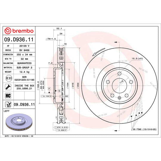 09.D936.11 Brembo Premium Coated Vented Brake Rotor Brembo Brake Canada