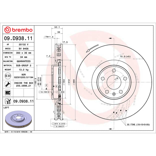 09.D938.11 Brembo Premium Coated Vented Brake Rotor Brembo Brake Canada