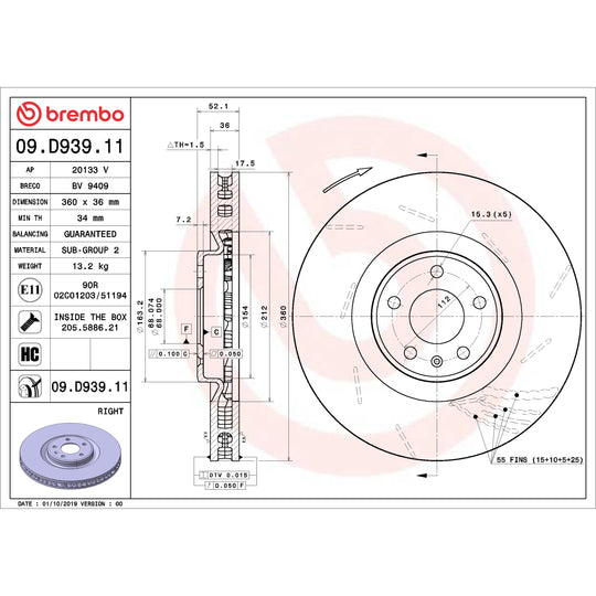 09.D939.11 Brembo Premium Coated Vented Brake Rotor Brembo Brake Canada