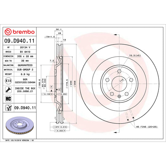 09.D940.11 Brembo Premium Coated Vented Brake Rotor Brembo Brake Canada
