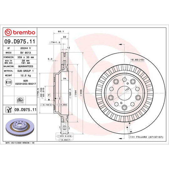 09.D975.11 Brembo Premium Coated Vented Brake Rotor Brembo Brake Canada