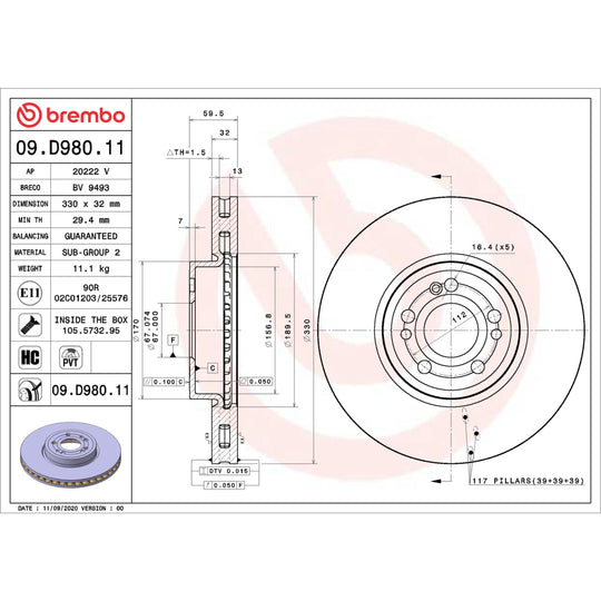 09.D980.11 Brembo Premium Coated Vented Brake Rotor Brembo Brake Canada