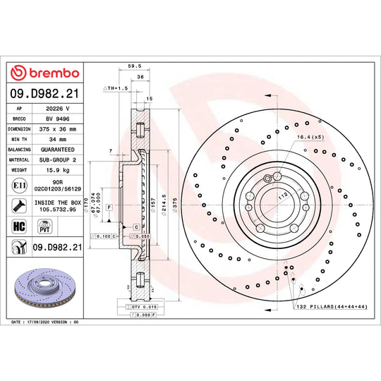 09.D982.21 Brembo Premium Coated Vented Brake Rotor Brembo Brake Canada