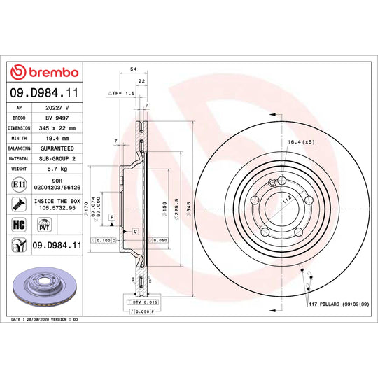 09.D984.11 Brembo Premium Coated Vented Brake Rotor Brembo Brake Canada