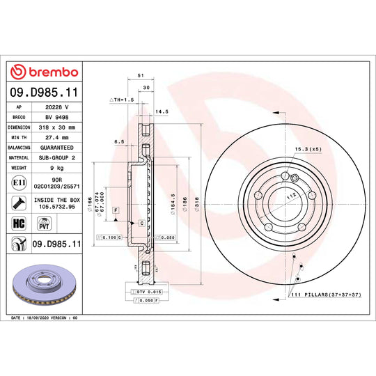09.D985.11 Brembo Premium Coated Vented Brake Rotor Brembo Brake Canada