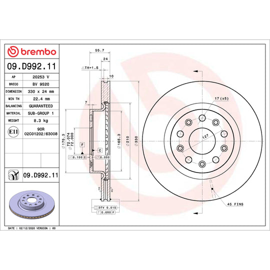 09.D992.11 Brembo Premium Coated Vented Brake Rotor Brembo Brake Canada
