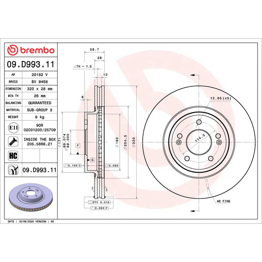 09.D993.11 Brembo Premium Coated Vented Brake Rotor Brembo Brake Canada