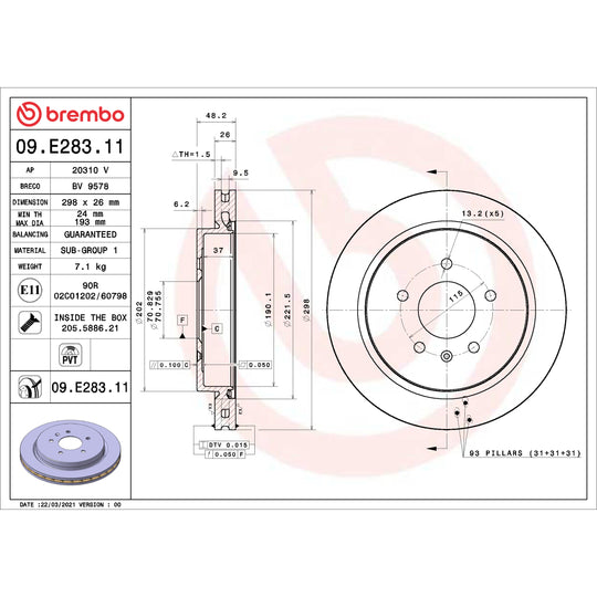 09.E283.11 Brembo Premium Coated Vented Brake Rotor Brembo Brake Canada