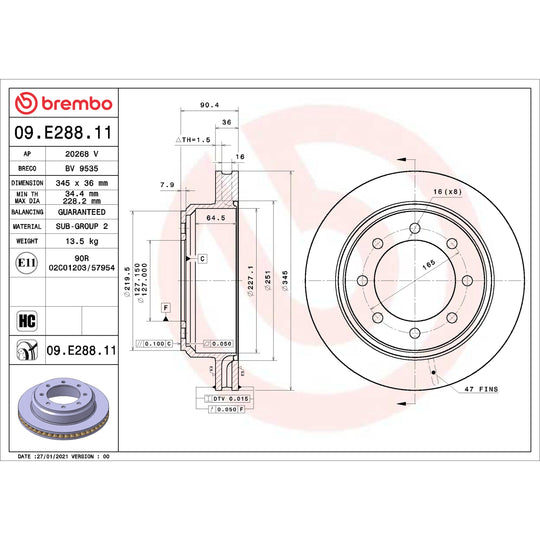 09.E288.11 Brembo Premium Coated Vented Brake Rotor Brembo Brake Canada