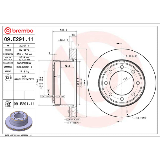 09.E291.11 Brembo Premium Coated Vented Brake Rotor Brembo Brake Canada