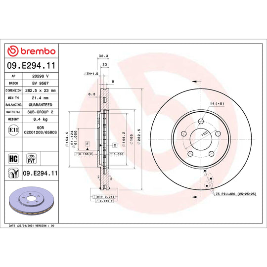09.E294.11 Brembo Premium Coated Vented Brake Rotor Brembo Brake Canada