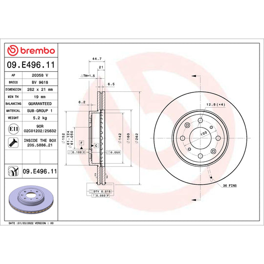 09.E496.11 Brembo Premium Coated Vented Brake Rotor Brembo Brake Canada