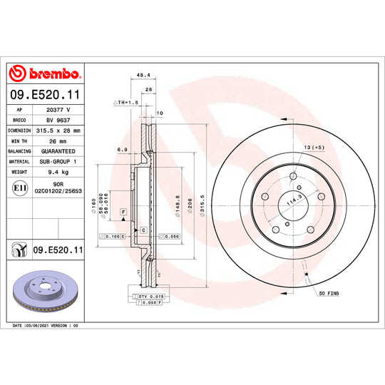 09.E520.11 Brembo Premium Coated Vented Brake Rotor Brembo Brake Canada