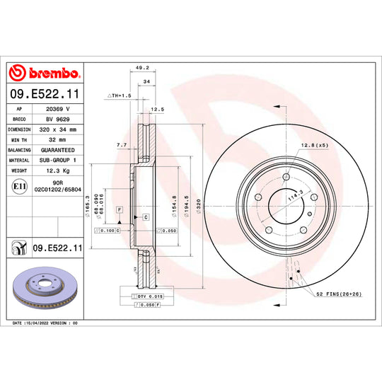 09.E522.11 Brembo Premium Coated Vented Brake Rotor Brembo Brake Canada
