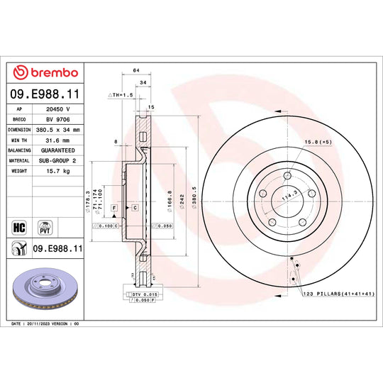 09.E988.11 Brembo Premium UV Coated Vented Brake Rotor Brembo Brake Canada