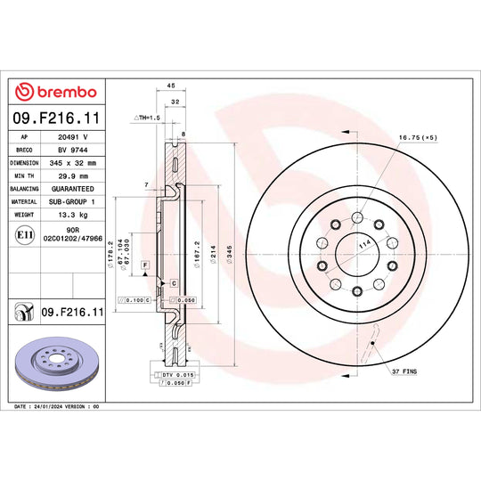 09.F216.11 Brembo Premium UV Coated Vented Brake Rotor Brembo Brake Canada