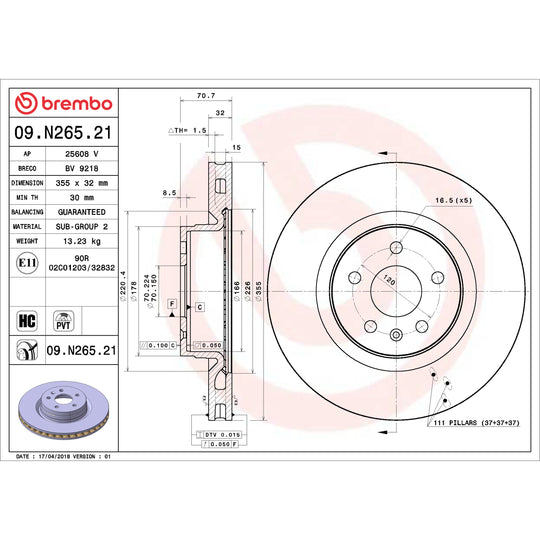 09.N265.21 Brembo Premium Coated Vented Brake Rotor Brembo Brake Canada
