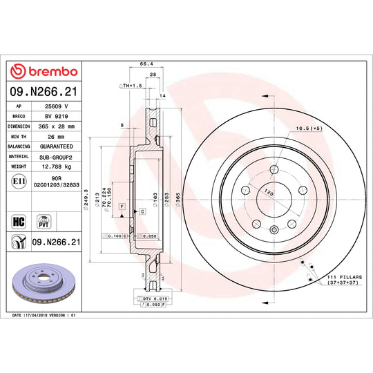 09.N266.21 Brembo Premium Coated Vented Brake Rotor Brembo Brake Canada