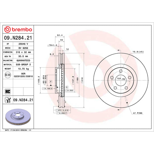 09.N284.21 Brembo Premium Coated Vented Brake Rotor Brembo Brake Canada
