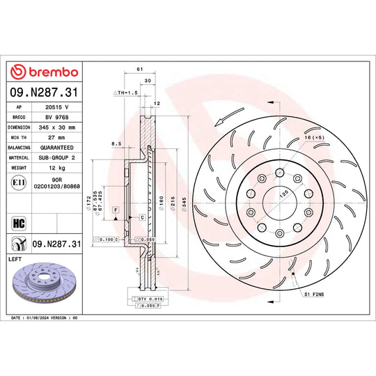 09.N287.31 Brembo Premium UV Coated Vented Brake Rotor Brembo Brake Canada