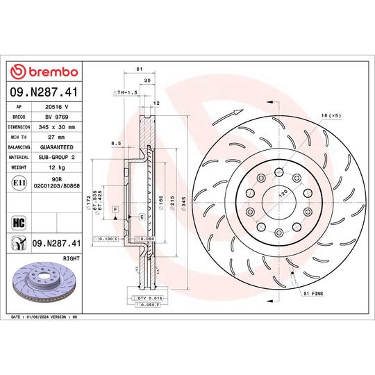 09.N287.41 Brembo Premium UV Coated Vented Brake Rotor Brembo Brake Canada