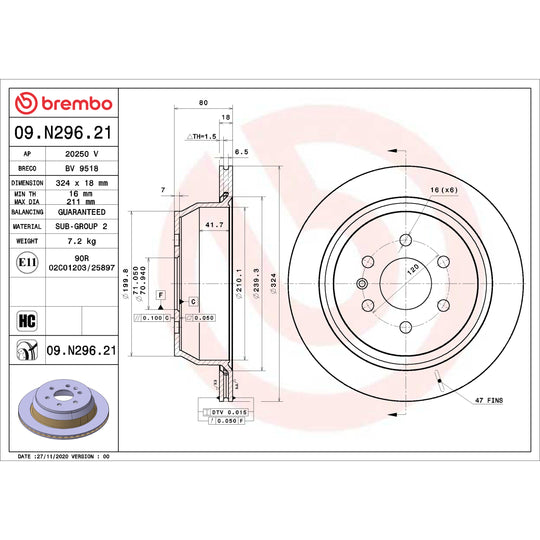 09.N296.21 Brembo Premium Coated Vented Brake Rotor Brembo Brake Canada