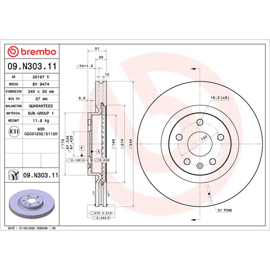 09.N303.11 Brembo Premium Coated Vented Brake Rotor Brembo Brake Canada