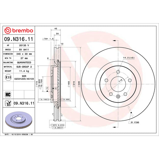 09.N316.11 Brembo Premium Coated Vented Brake Rotor Brembo Brake Canada