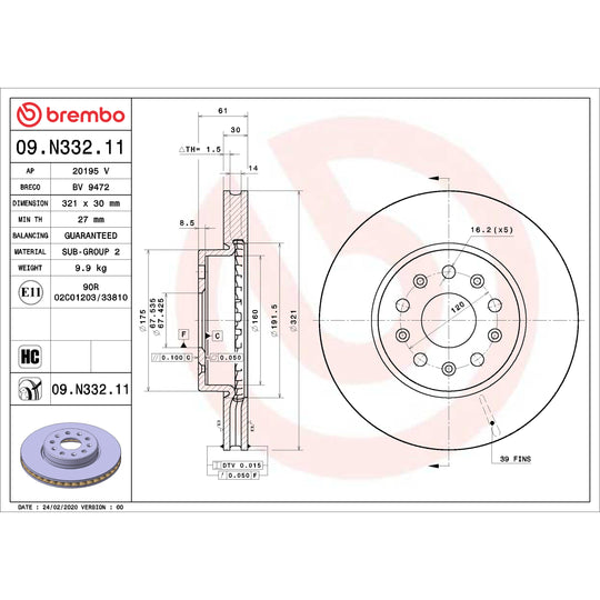 09.N332.11 Brembo Premium Coated Vented Brake Rotor Brembo Brake Canada