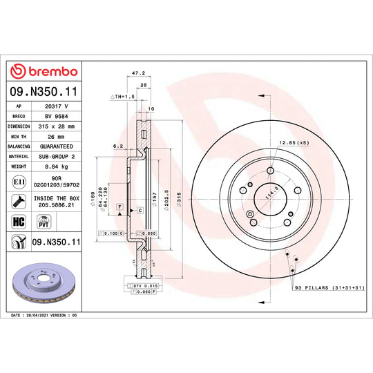 09.N350.11 Brembo Premium Coated Vented Brake Rotor Brembo Brake Canada