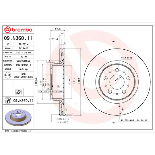 09.N360.11 Brembo Premium Coated Vented Brake Rotor Brembo Brake Canada
