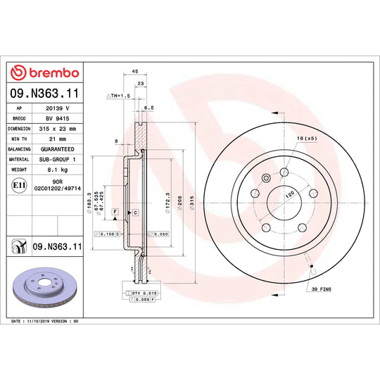 09.N363.11 Brembo Premium Coated Vented Brake Rotor Brembo Brake Canada