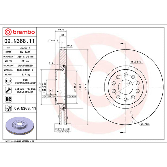09.N368.11 Brembo Premium Coated Vented Brake Rotor Brembo Brake Canada