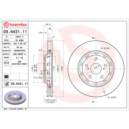 09.N431.11 Brembo Premium Coated Vented Brake Rotor Brembo Brake Canada