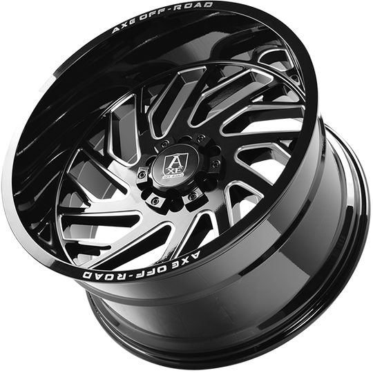 AXE4005 - AXE Zeus 20X12 5X139.7 / 5X127 -44mm Gloss Black - Milled Edge - AXE Wheels Canada
