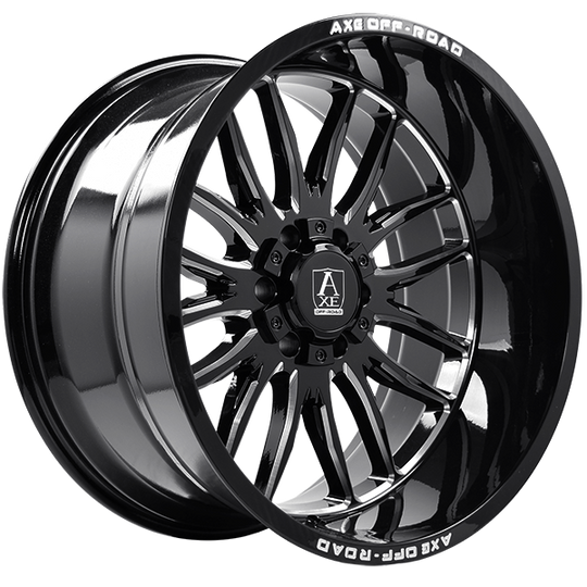 AXE5011 - AXE Hades 20X9.5 6X135 / 6X139.7 15mm Gloss Black - Milled Edge - AXE Wheels Canada