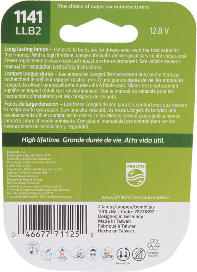 1141LLB2 Philips LongerLife Miniature 1141LL - LongerLife - Twin Blister Pack Philips Bulbs