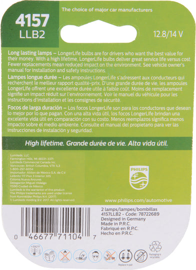 4157LLB2 Philips LongerLife Miniature 4157LL - LongerLife - Twin Blister Pack Philips Bulbs