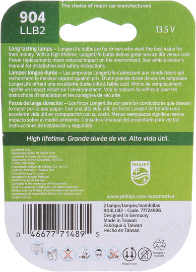 904LLB2 Philips LongerLife Miniature 904LL - LongerLife - Twin Blister Pack Philips Bulbs