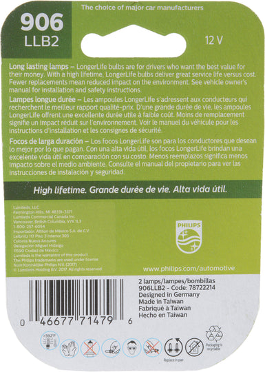 906LLB2 Philips LongerLife Miniature 906LL - LongerLife - Twin Blister Pack Philips Bulbs