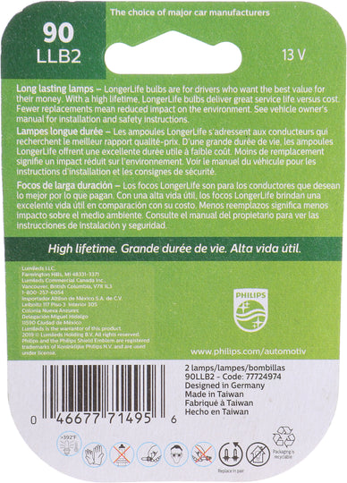 90LLB2 Philips LongerLife Miniature 90LL - LongerLife - Twin Blister Pack Philips Bulbs