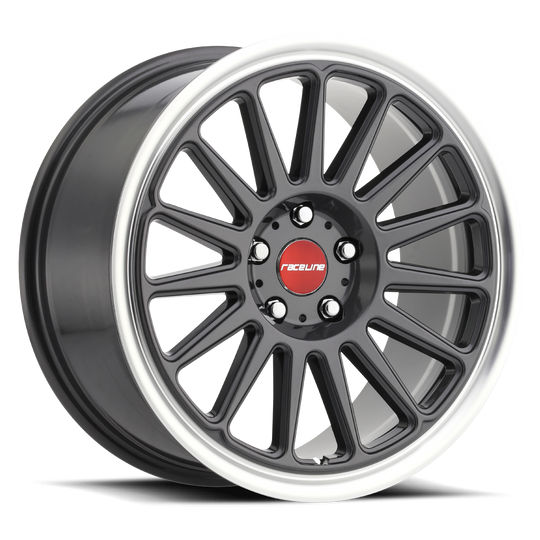 315G-89512+25 - Raceline Grip 315G 18X9.5 5X114.3 25mm Gloss Gunmetal Gray Red Logo Machined Lip - Raceline Wheels Canada