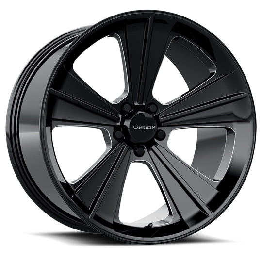 V327-20165GBMS50 - Vision 327 Missle 20X11 5X114.3 50mm Gloss Black Milled Spoke - Vision Wheels Canada