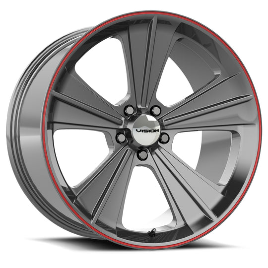 V327-20165GMRL50 - Vision 327 Missle 20X11 5X114.3 50mm Gun Metal with Red Lip - Vision Wheels Canada