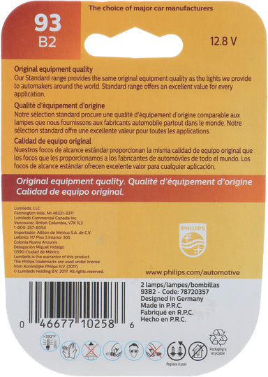93B2 Philips Standard Miniature 93 - Standard - Twin Blister Pack Philips Bulbs