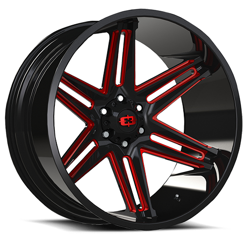363-24273GBMR-51 - Vision 363 Razor 24X12 5X127 -51mm Gloss Black Milled Spoke with Red Tint - Vision Wheels Canada